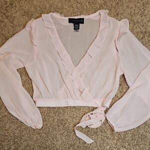 Know One Cares Sheer Mesh Pink Ruffle Wrap Blouse